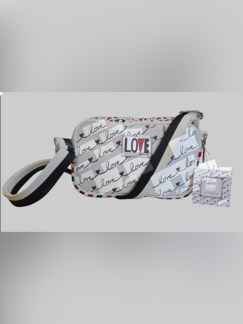 Womens Brighton White 'Love' Scroll  Crossbody Bag with Black Strap